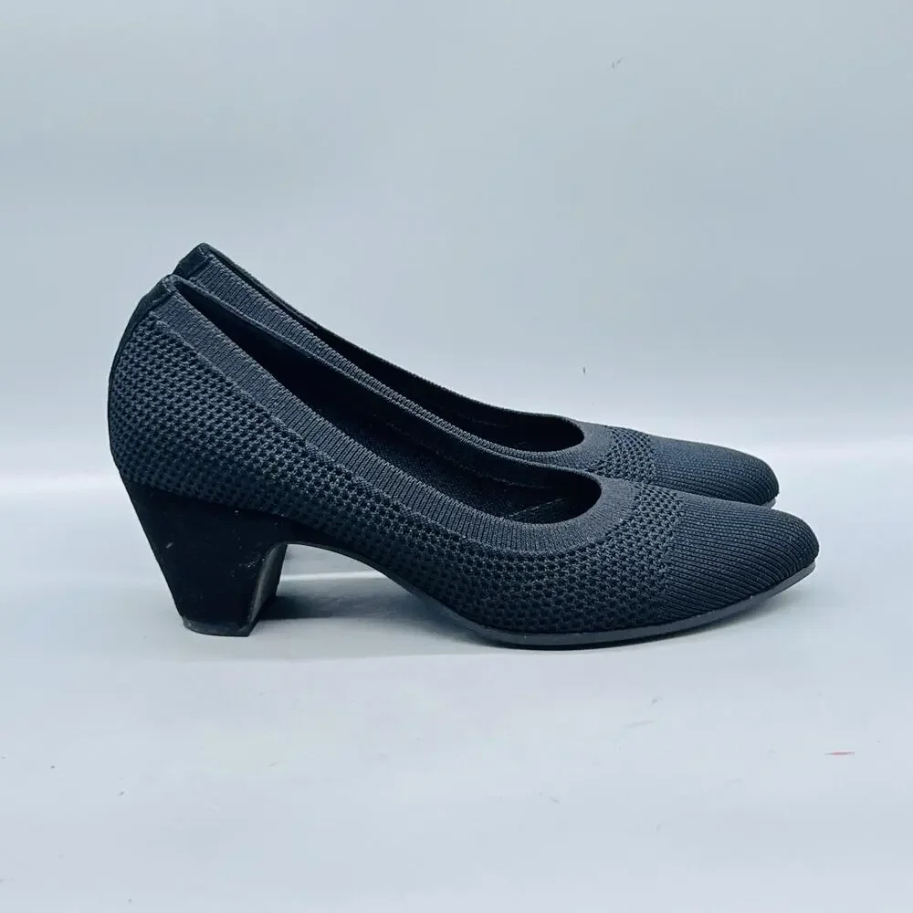 Eileen Fisher Shoes Womens 7.5 Black Stretch Knit Block Heel Pumps Slip On